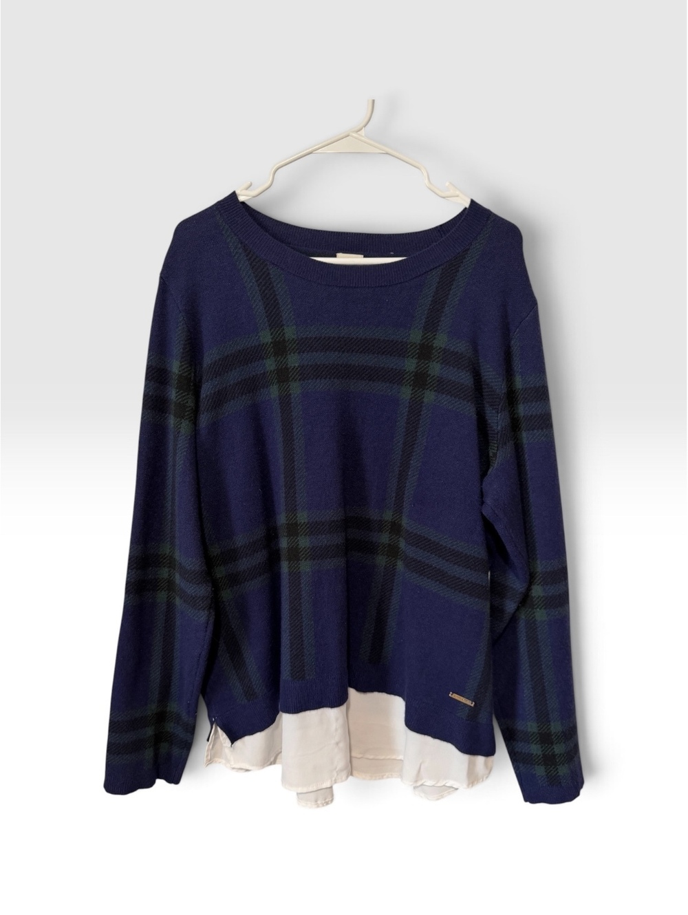 Anne Klein Preppy Plaid Business Casual Blue & Green Sweater White Hem Sz XL